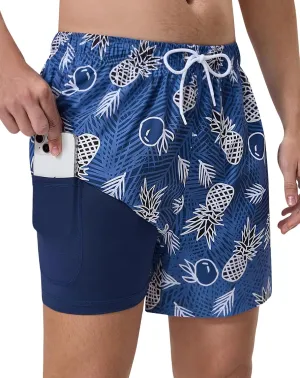 Mens Swim Trunks with Compression Liner 5" Stretch Beach Shorts 2 in 1 Quick Dry with Zipper Pockets Board Shorts