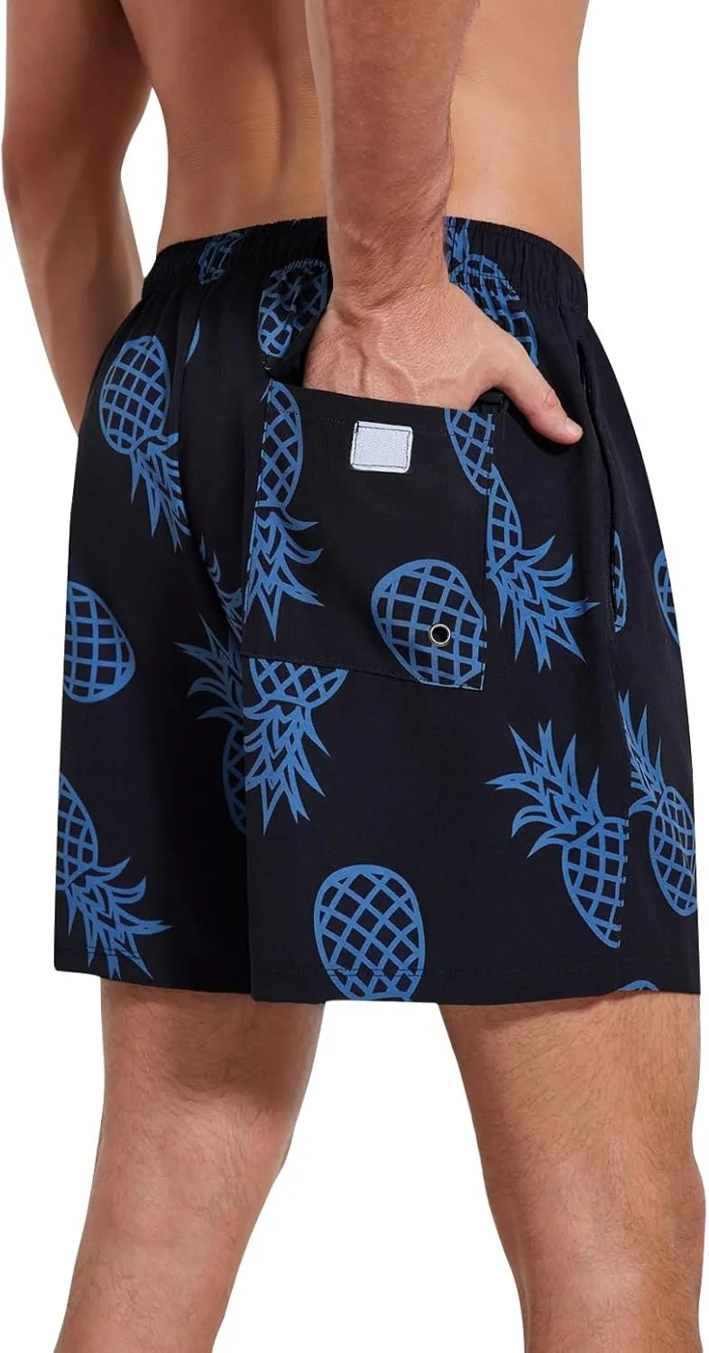Mens Swim Trunks with Compression Liner 5" Stretch Beach Shorts 2 in 1 Quick Dry with Zipper Pockets Board Shorts