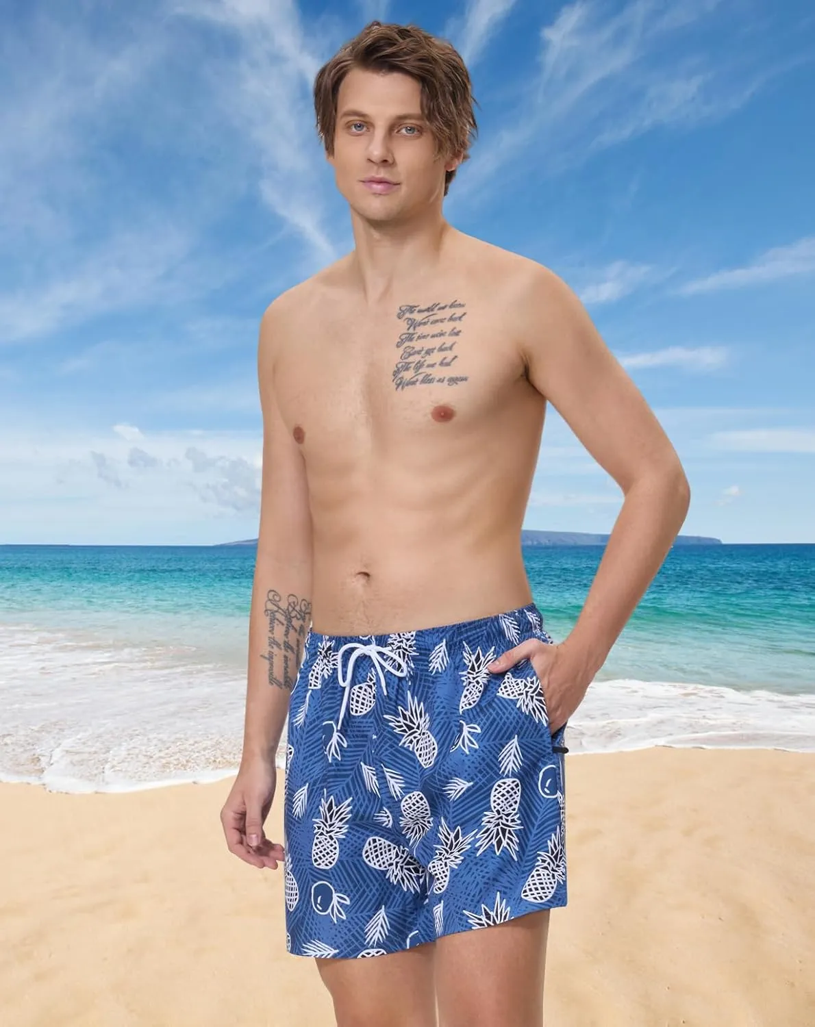 Mens Swim Trunks with Compression Liner 5" Stretch Beach Shorts 2 in 1 Quick Dry with Zipper Pockets Board Shorts