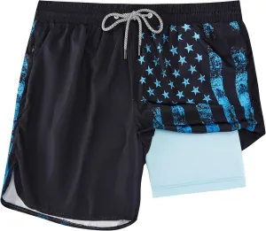 Mens Swim Trunks with Compression Liner 5" Stretch Board Shorts Quick Dry Zipper Pockets 2 in 1 Mens Bathing Suits