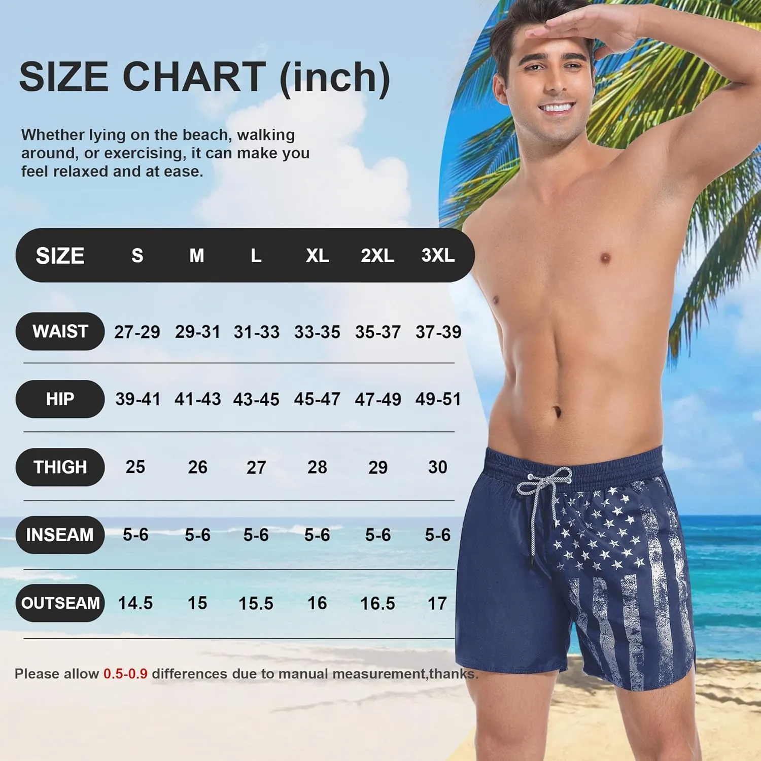 Mens Swim Trunks with Compression Liner 5" Stretch Board Shorts Quick Dry Zipper Pockets 2 in 1 Mens Bathing Suits