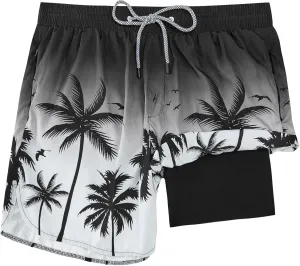 Mens Swim Trunks with Compression Liner 5" Stretch Board Shorts Quick Dry Zipper Pockets 2 in 1 Mens Bathing Suits