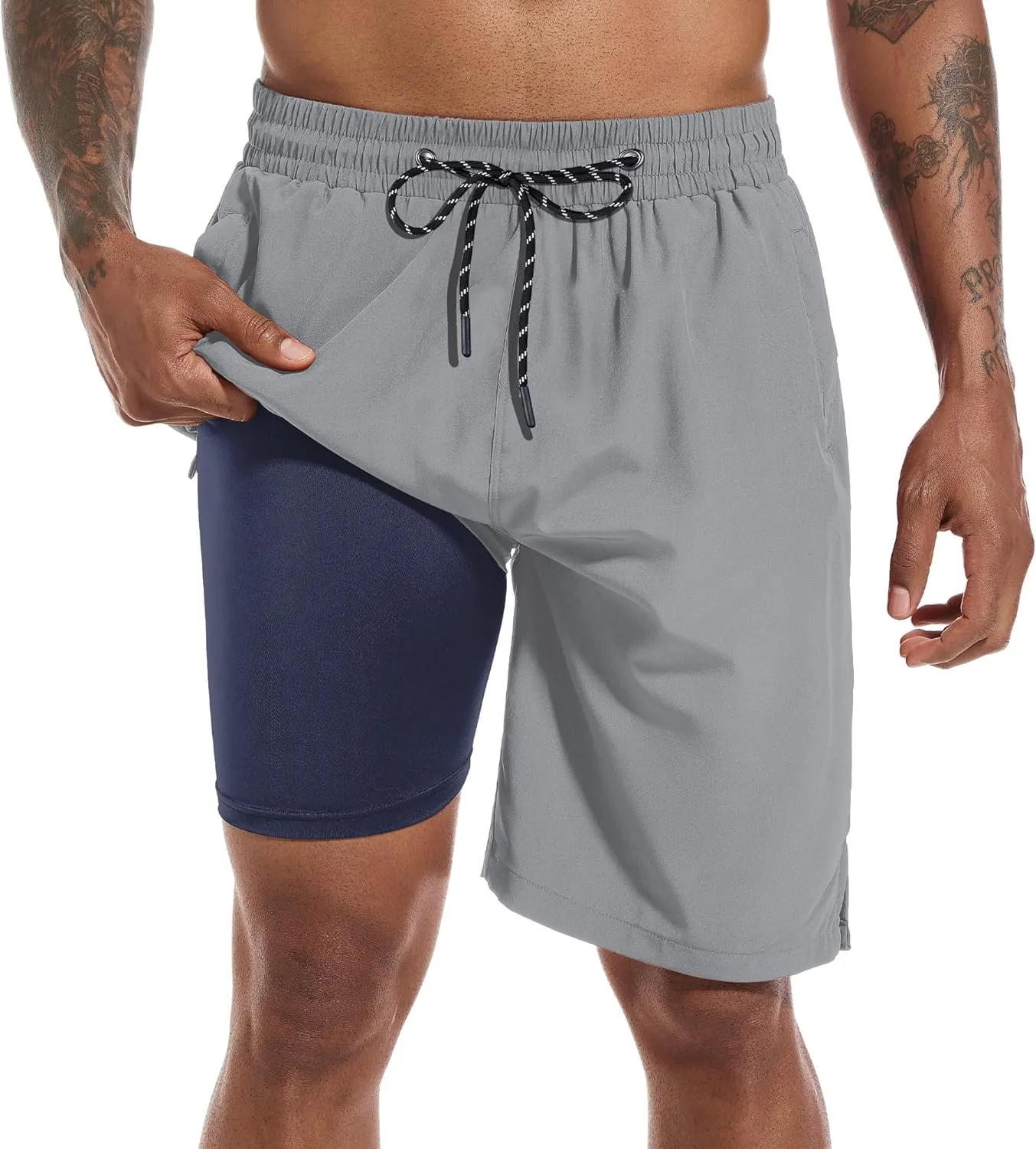 Mens Swim Trunks with Compression Liner 9" Board Shorts 2 in 1 Quick Dry Bathing Suits with Zipper Pockets