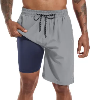 Mens Swim Trunks with Compression Liner 9" Board Shorts 2 in 1 Quick Dry Bathing Suits with Zipper Pockets