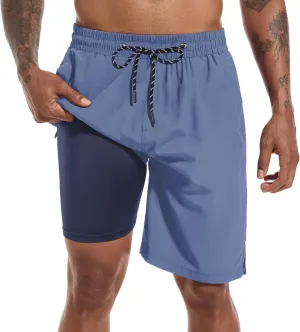 Mens Swim Trunks with Compression Liner 9" Board Shorts 2 in 1 Quick Dry Bathing Suits with Zipper Pockets