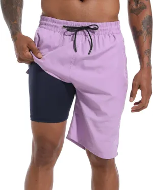Mens Swim Trunks with Compression Liner 9" Board Shorts 2 in 1 Quick Dry Bathing Suits with Zipper Pockets