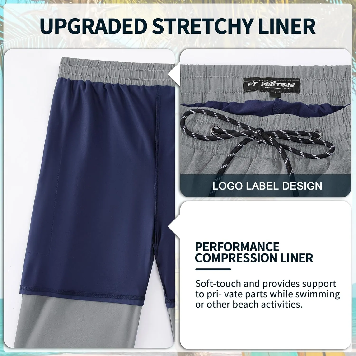 Mens Swim Trunks with Compression Liner 9" Board Shorts 2 in 1 Quick Dry Bathing Suits with Zipper Pockets