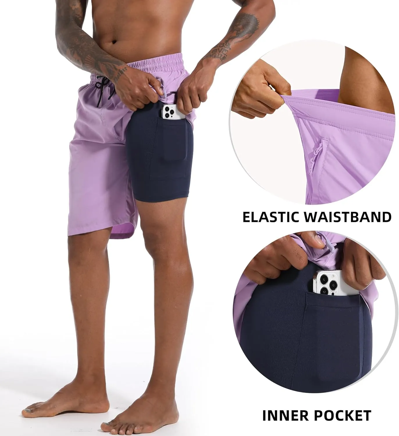 Mens Swim Trunks with Compression Liner 9" Board Shorts 2 in 1 Quick Dry Bathing Suits with Zipper Pockets