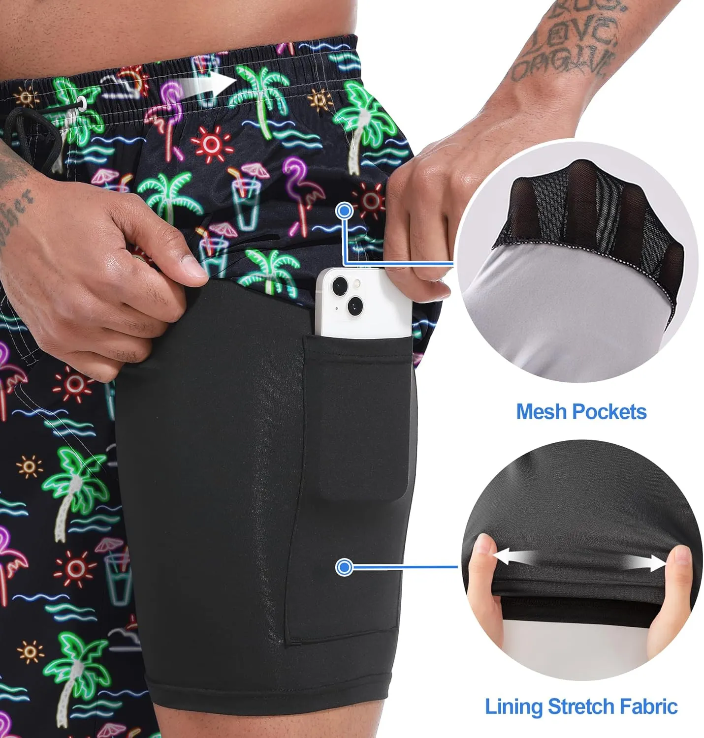 Mens Swim Trunks with Compression Liner 9" Board Shorts 2 in 1 Quick Dry Beach Swimwear Bathing Suits for Men
