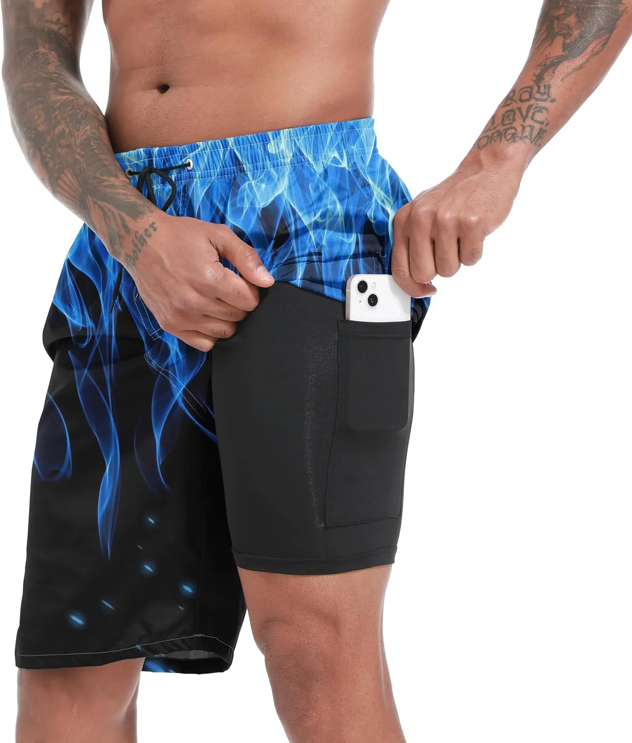 Mens Swim Trunks with Compression Liner 9" Board Shorts 2 in 1 Quick Dry Beach Swimwear Bathing Suits for Men