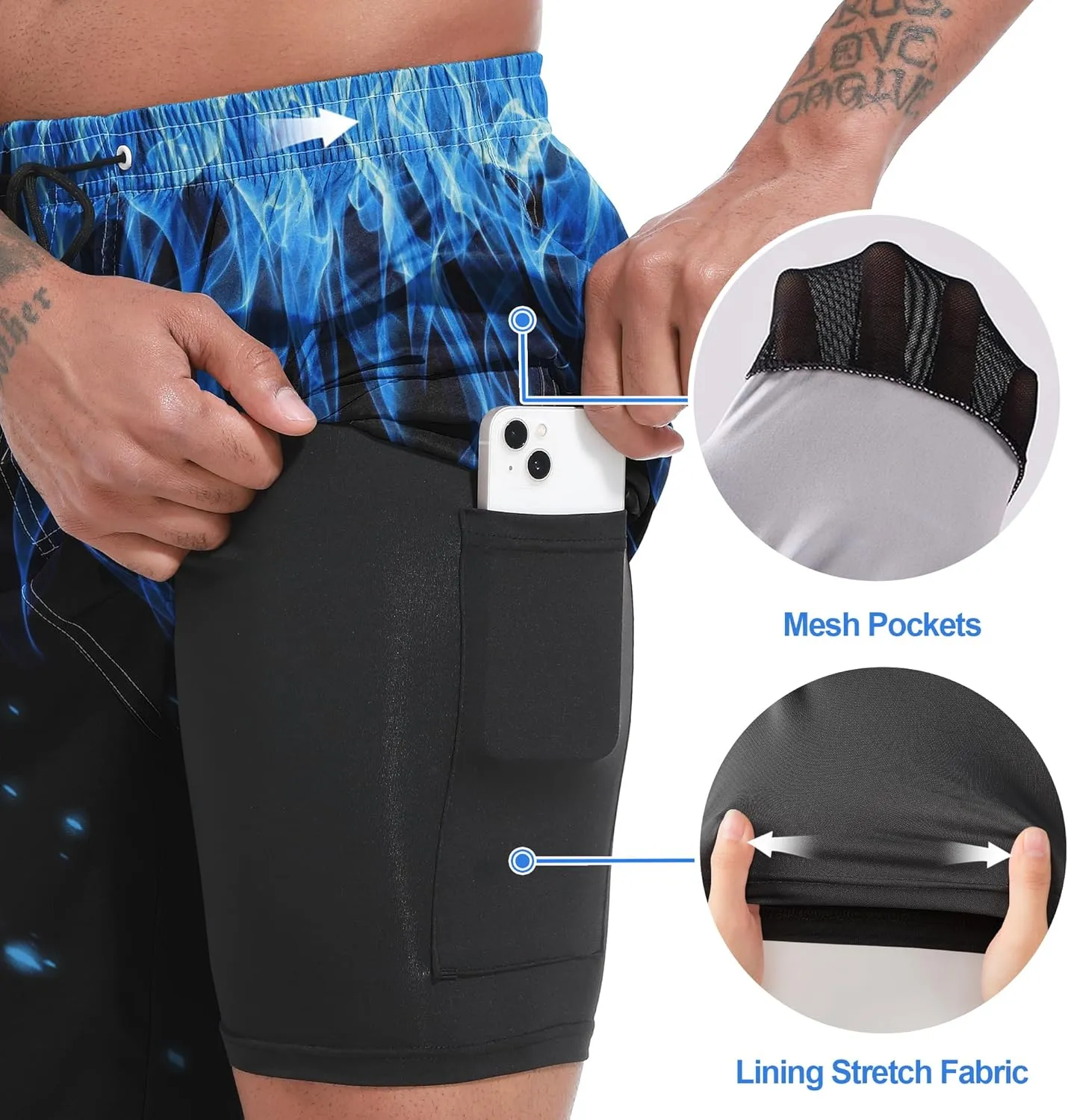 Mens Swim Trunks with Compression Liner 9" Board Shorts 2 in 1 Quick Dry Beach Swimwear Bathing Suits for Men