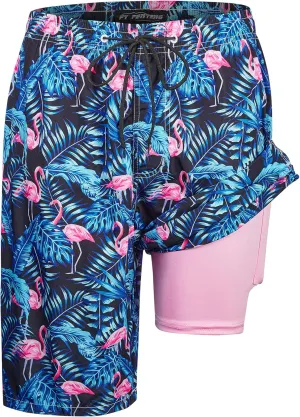Mens Swim Trunks with Compression Liner 9" Built-in Board Shorts 2 in 1 Quick Dry Bathing Suits with Zipper Pockets