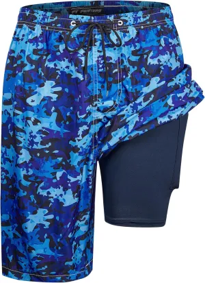 Mens Swim Trunks with Compression Liner 9" Built-in Board Shorts 2 in 1 Quick Dry Bathing Suits with Zipper Pockets