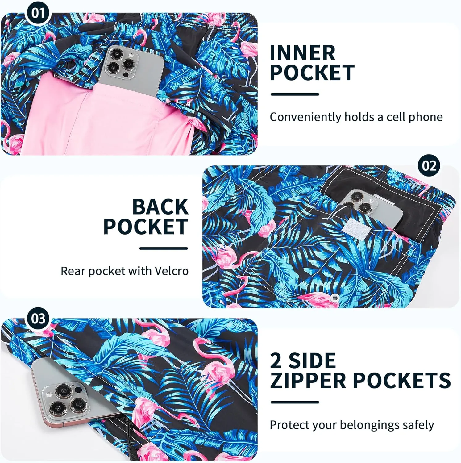Mens Swim Trunks with Compression Liner 9" Built-in Board Shorts 2 in 1 Quick Dry Bathing Suits with Zipper Pockets