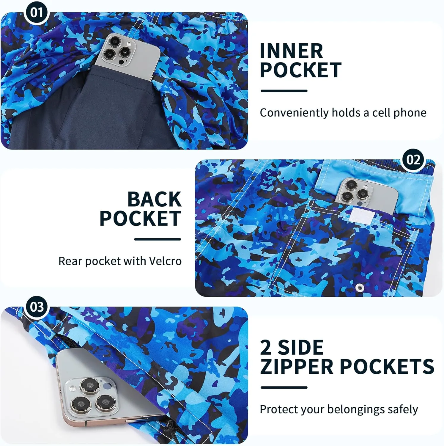 Mens Swim Trunks with Compression Liner 9" Built-in Board Shorts 2 in 1 Quick Dry Bathing Suits with Zipper Pockets