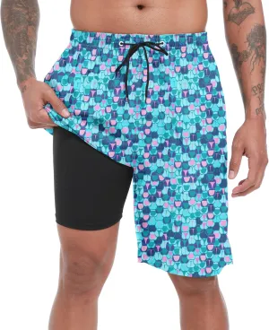 Mens Swim Trunks with Compression Liner 9" Stretch Board Shorts 2 in 1 Quick Dry Swimsuits Bathing Suits