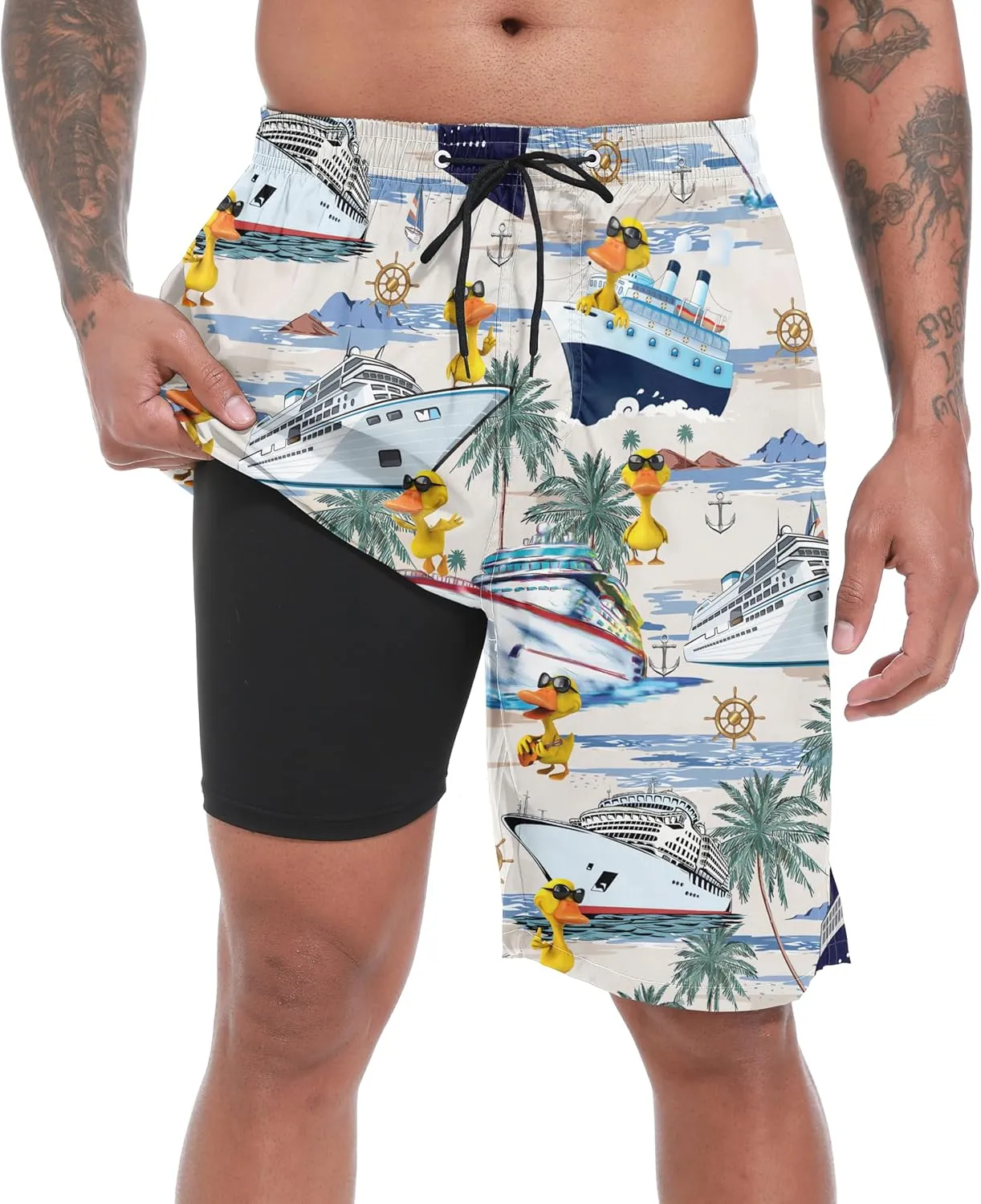 Mens Swim Trunks with Compression Liner 9" Stretch Board Shorts 2 in 1 Quick Dry Swimsuits Bathing Suits