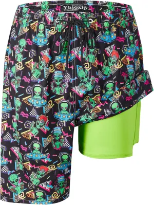 Mens Swim Trunks with Compression Liner 9" Stretch Board Shorts 2 in 1 Quick Dry Swimsuits Bathing Suits