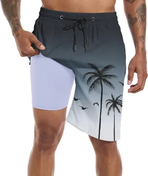 Mens Swim Trunks with Compression Liner 9" Stretch Board Shorts 2 in 1 Quick Dry Swimsuits Bathing Suits