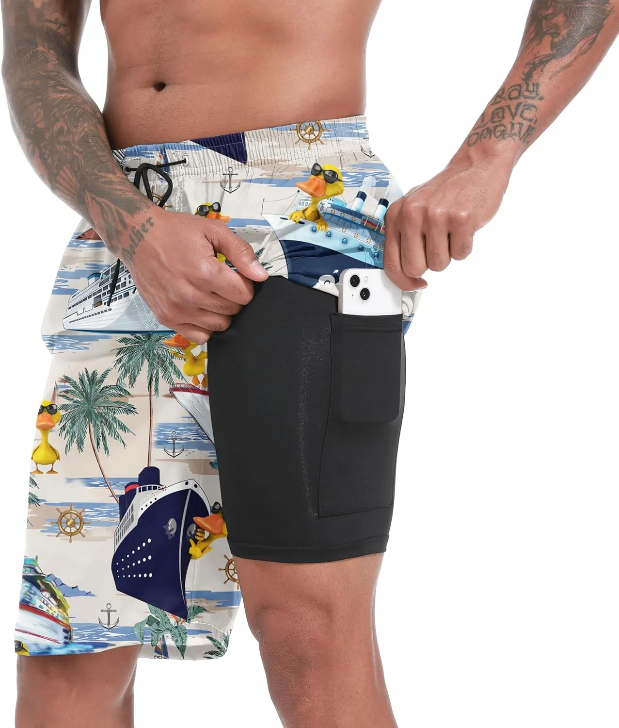 Mens Swim Trunks with Compression Liner 9" Stretch Board Shorts 2 in 1 Quick Dry Swimsuits Bathing Suits