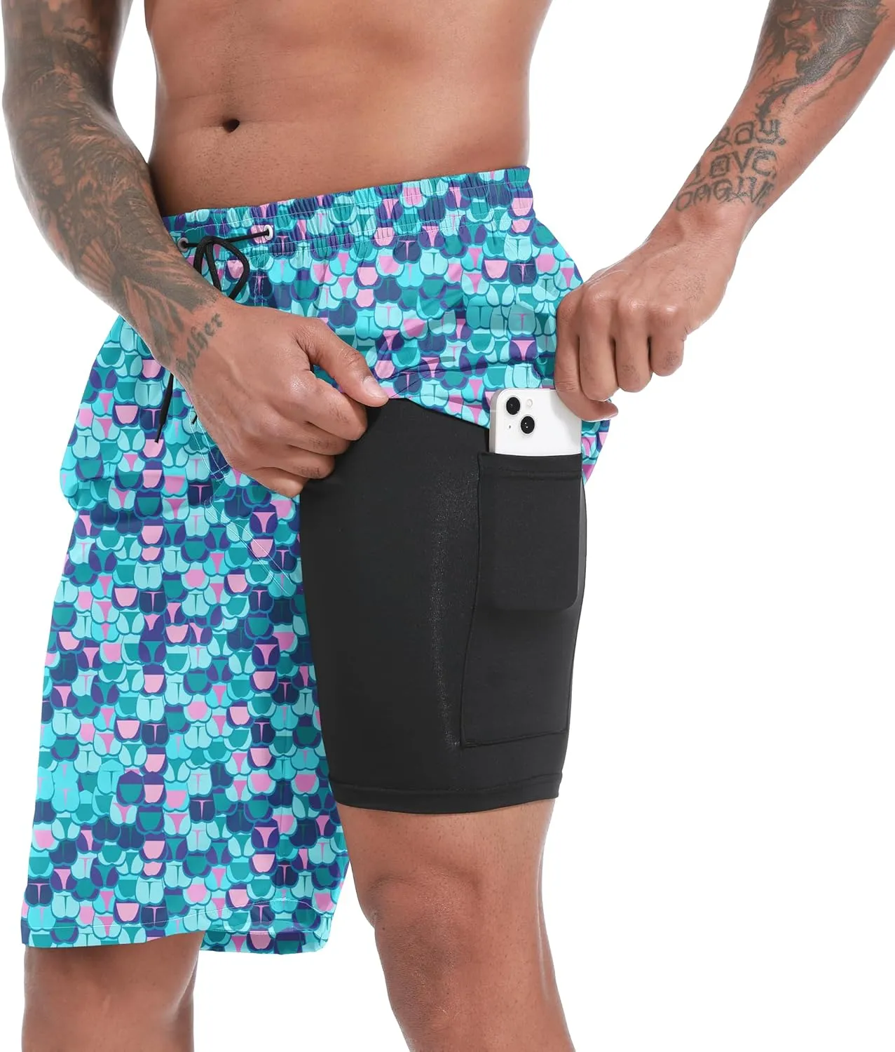 Mens Swim Trunks with Compression Liner 9" Stretch Board Shorts 2 in 1 Quick Dry Swimsuits Bathing Suits