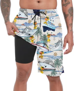 Mens Swim Trunks with Compression Liner 9" Stretch Board Shorts 2 in 1 Quick Dry Swimsuits Bathing Suits