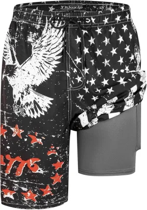 Mens Swim Trunks with Compression Liner 9" Stretch Board Shorts 2 in 1 Quick Dry Swimsuits Bathing Suits