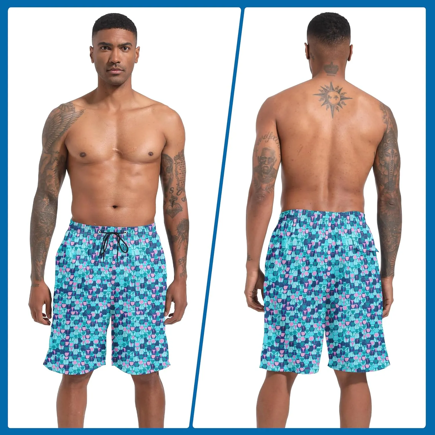 Mens Swim Trunks with Compression Liner 9" Stretch Board Shorts 2 in 1 Quick Dry Swimsuits Bathing Suits