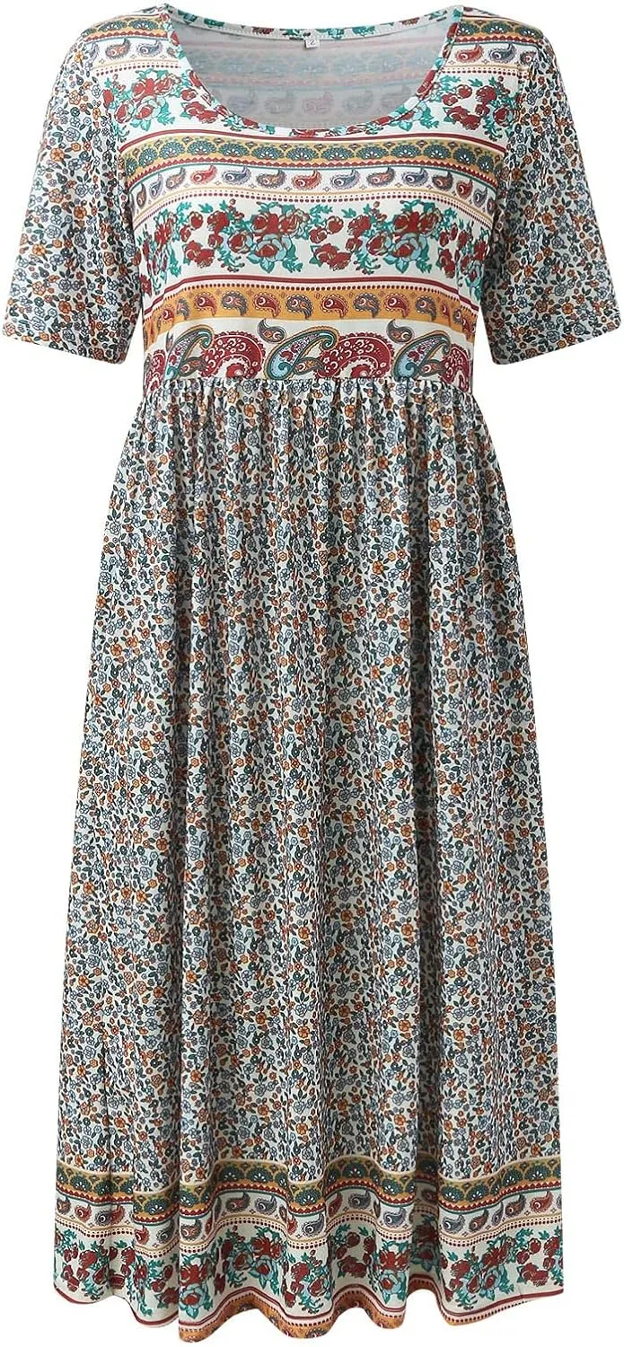 Midi Dresses for Women 2024 Floral Print High Waist Boho Dresses with Pockets Half Sleeve Loose Flowy Summer Dresses