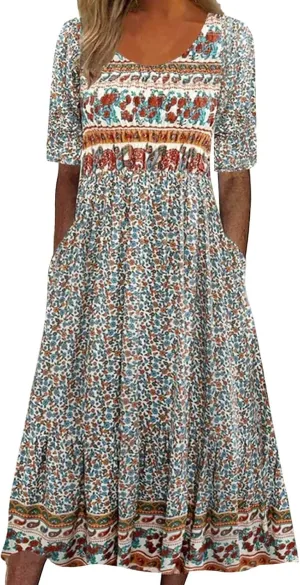Midi Dresses for Women 2024 Floral Print High Waist Boho Dresses with Pockets Half Sleeve Loose Flowy Summer Dresses