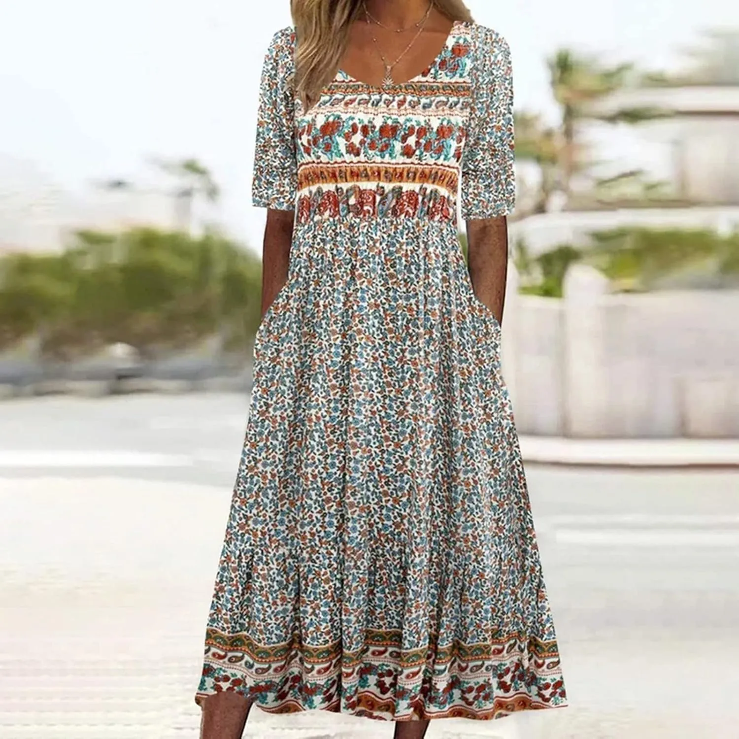 Midi Dresses for Women 2024 Floral Print High Waist Boho Dresses with Pockets Half Sleeve Loose Flowy Summer Dresses