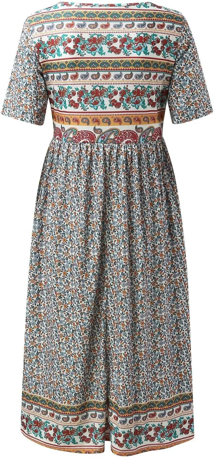Midi Dresses for Women 2024 Floral Print High Waist Boho Dresses with Pockets Half Sleeve Loose Flowy Summer Dresses