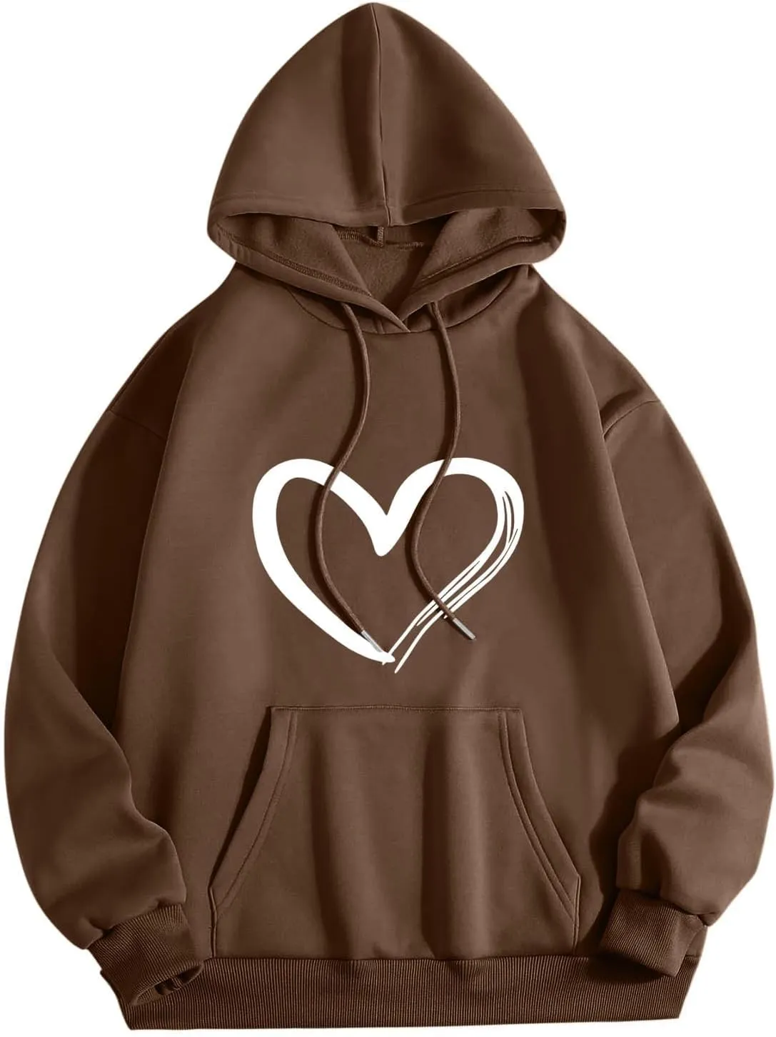 Mmoneyake Womens Graphic Hoodie Casual Heart Print Long Sleeve Pullover Fall Oversized Crew Neck Sweatshirt Trendy Streetwear