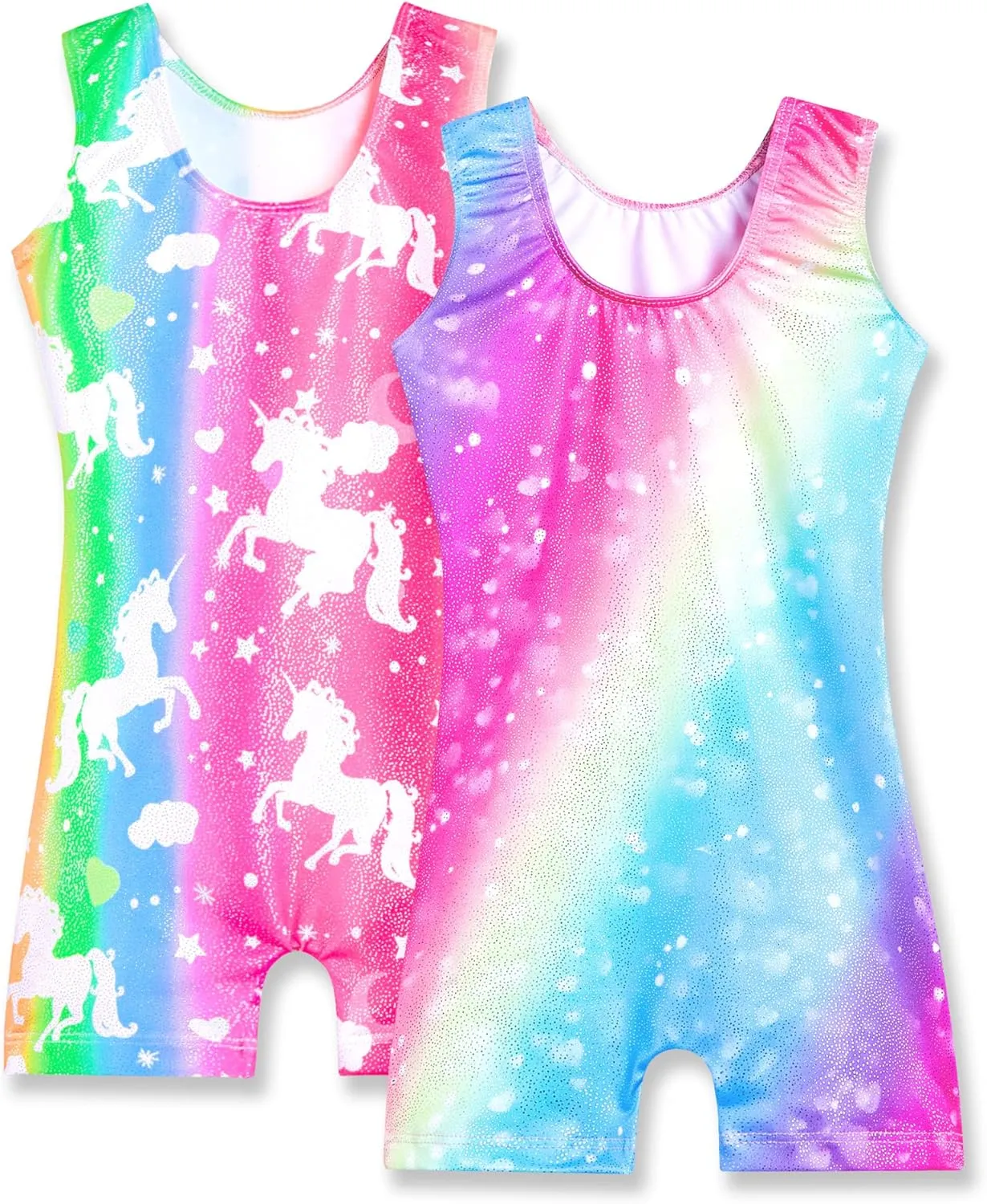 Nymphperi 2 Packs Gymnastics Leotard for Girls Sparkle Biketards with Shorts Kids Sleeveless Unitard One-Piece Dancewear