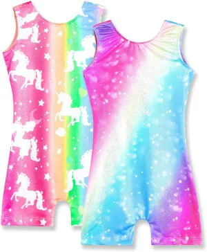 Nymphperi 2 Packs Gymnastics Leotard for Girls Sparkle Biketards with Shorts Kids Sleeveless Unitard One-Piece Dancewear