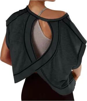 Open Back Workout Tops for Women Yoga Athletic Backless Shirts Oversized Trendy Short Sleeve T-Shirt Running Crop Tee