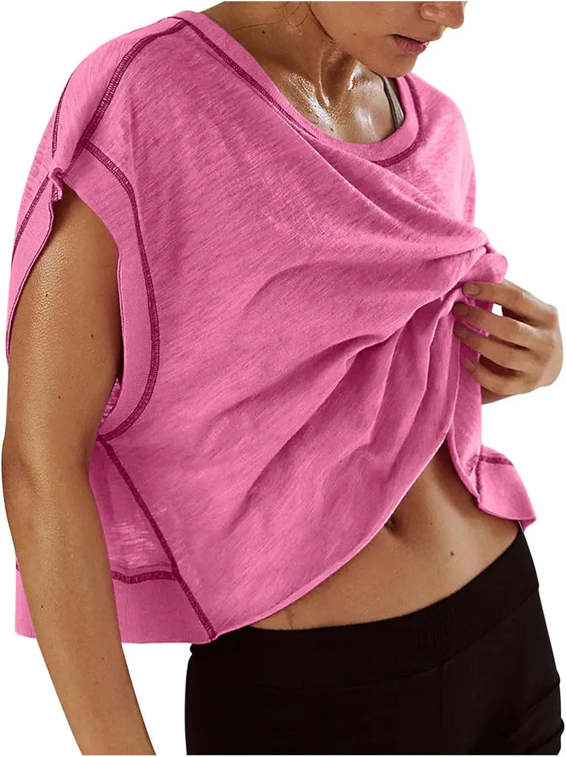 Open Back Workout Tops for Women Yoga Athletic Backless Shirts Oversized Trendy Short Sleeve T-Shirt Running Crop Tee