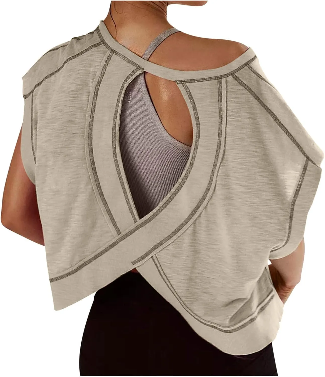 Open Back Workout Tops for Women Yoga Athletic Backless Shirts Oversized Trendy Short Sleeve T-Shirt Running Crop Tee