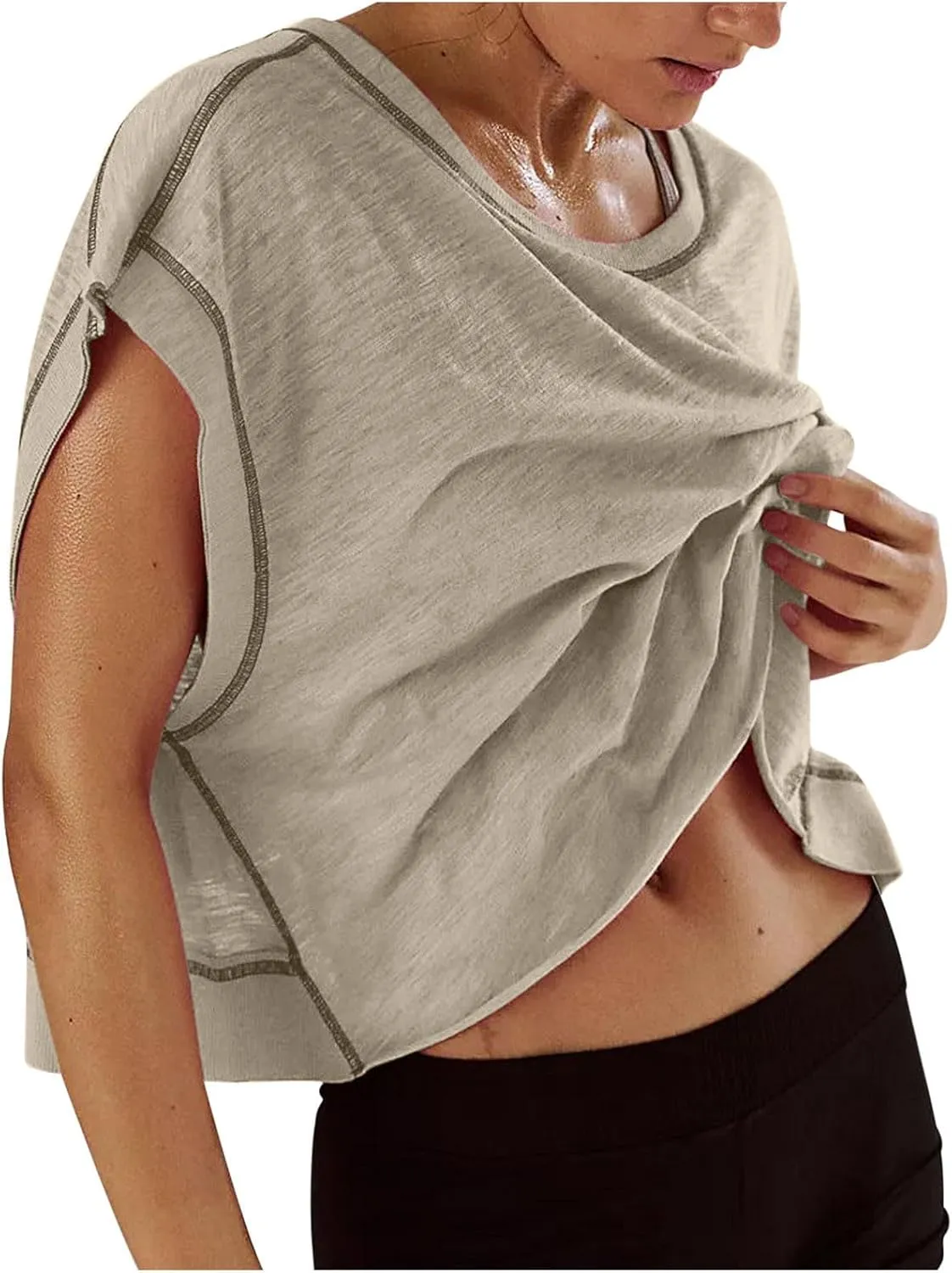 Open Back Workout Tops for Women Yoga Athletic Backless Shirts Oversized Trendy Short Sleeve T-Shirt Running Crop Tee