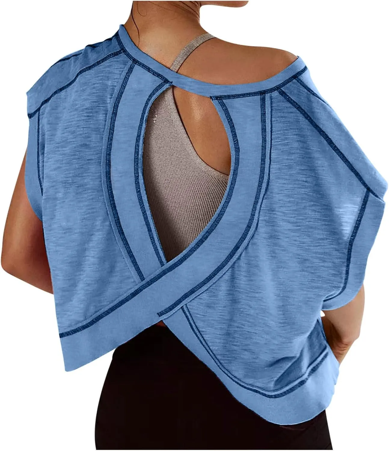 Open Back Workout Tops for Women Yoga Athletic Backless Shirts Oversized Trendy Short Sleeve T-Shirt Running Crop Tee