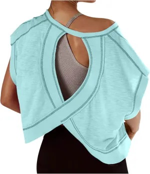 Open Back Workout Tops for Women Yoga Athletic Backless Shirts Oversized Trendy Short Sleeve T-Shirt Running Crop Tee