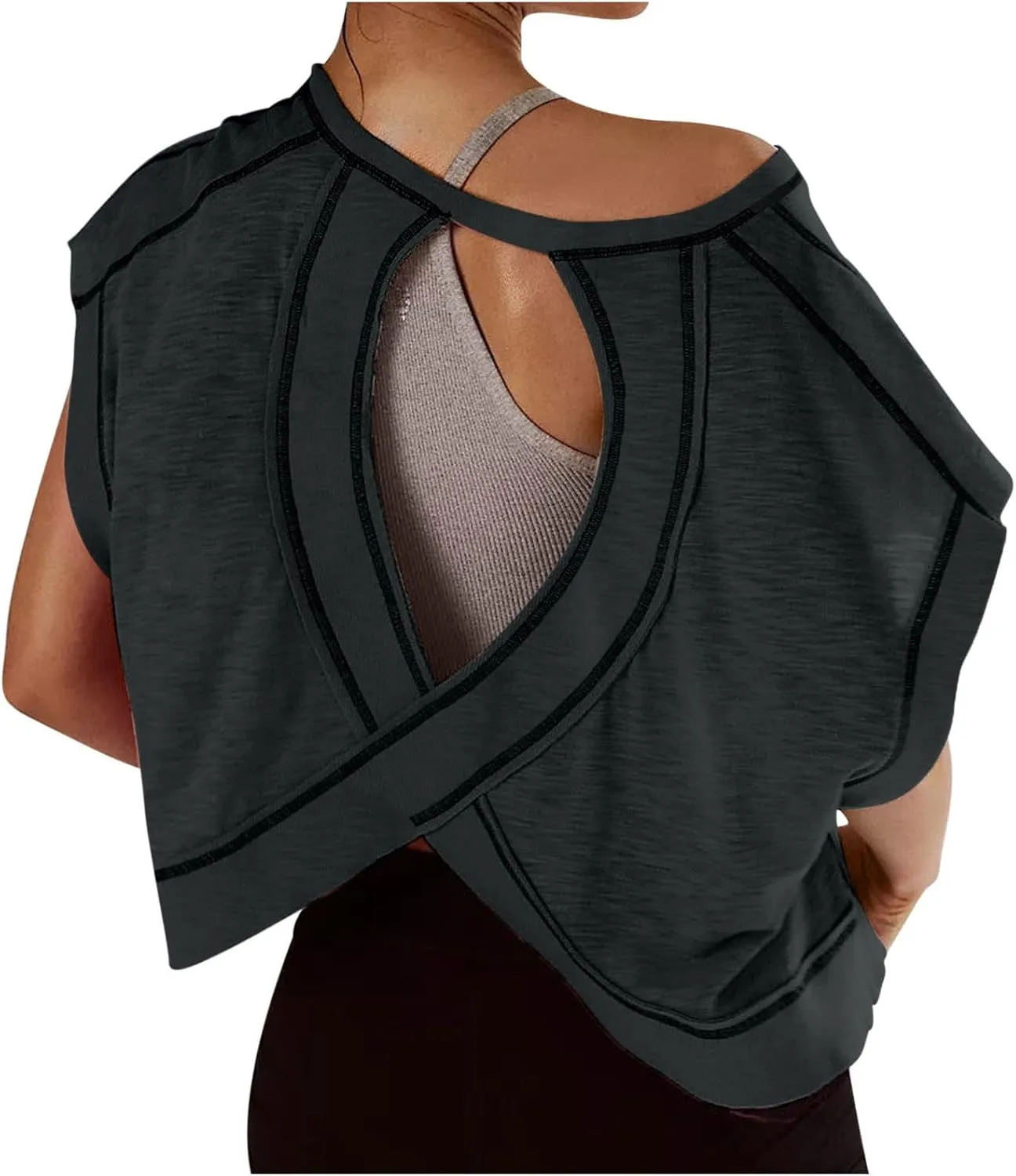 Open Back Workout Tops for Women Yoga Athletic Backless Shirts Oversized Trendy Short Sleeve T-Shirt Running Crop Tee