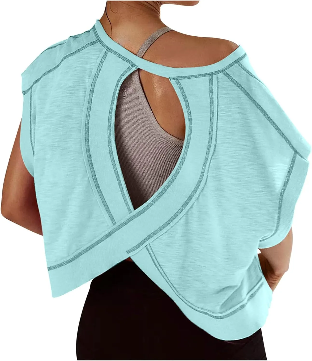 Open Back Workout Tops for Women Yoga Athletic Backless Shirts Oversized Trendy Short Sleeve T-Shirt Running Crop Tee