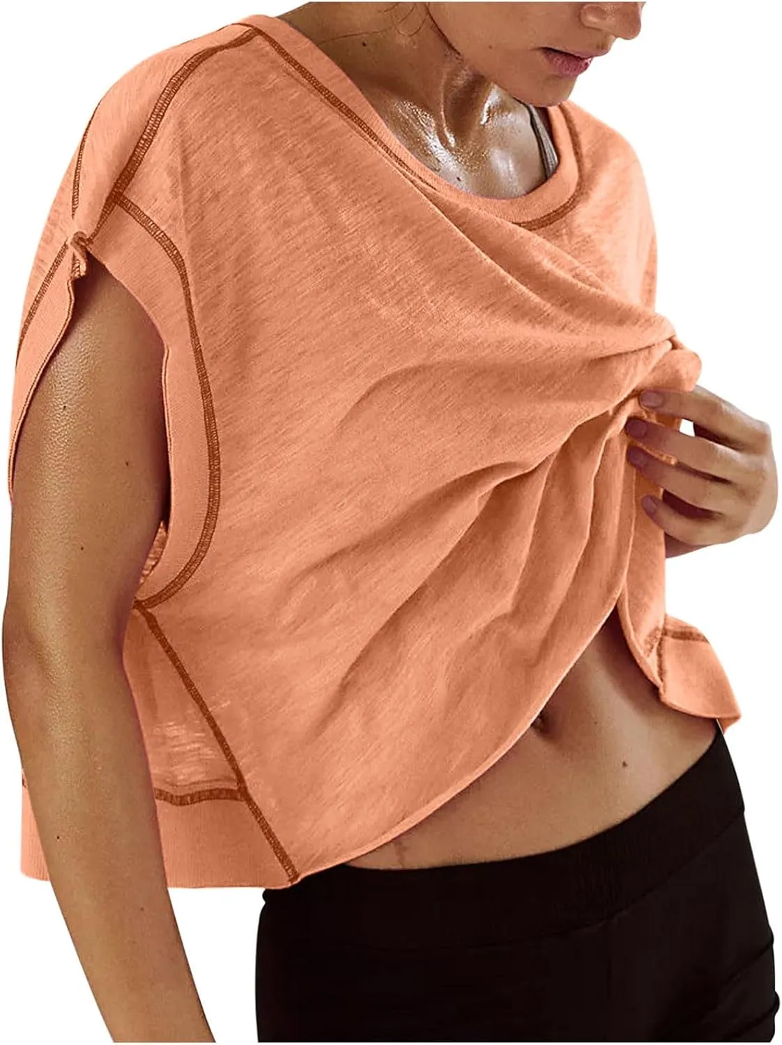 Open Back Workout Tops for Women Yoga Athletic Backless Shirts Oversized Trendy Short Sleeve T-Shirt Running Crop Tee