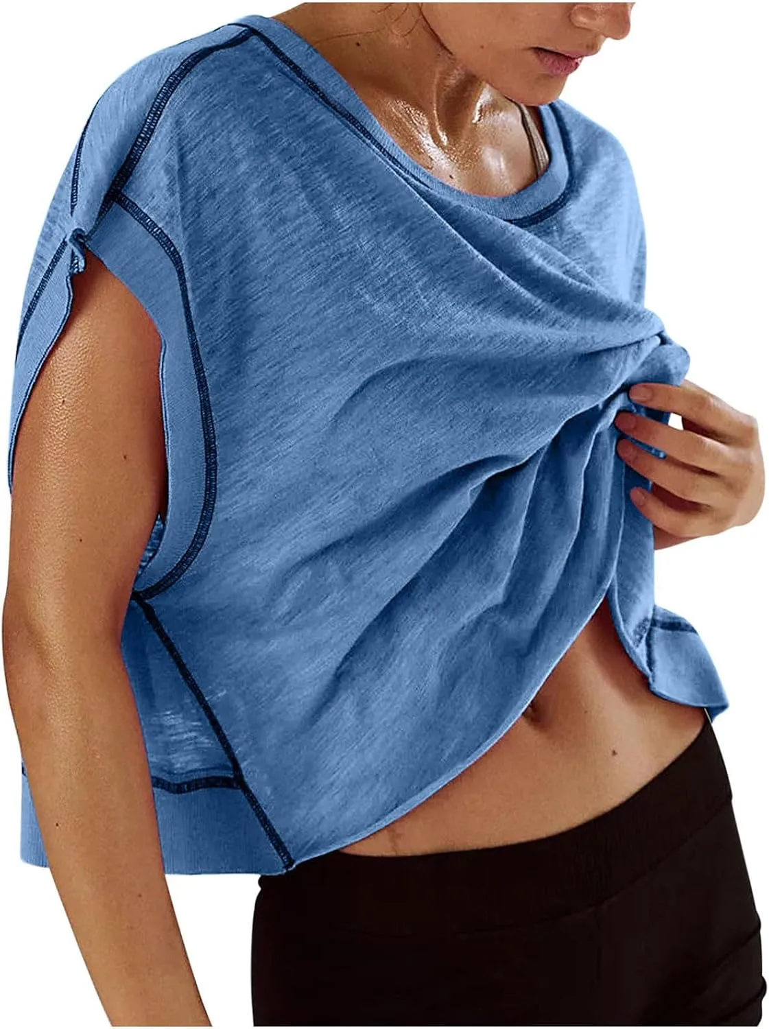 Open Back Workout Tops for Women Yoga Athletic Backless Shirts Oversized Trendy Short Sleeve T-Shirt Running Crop Tee