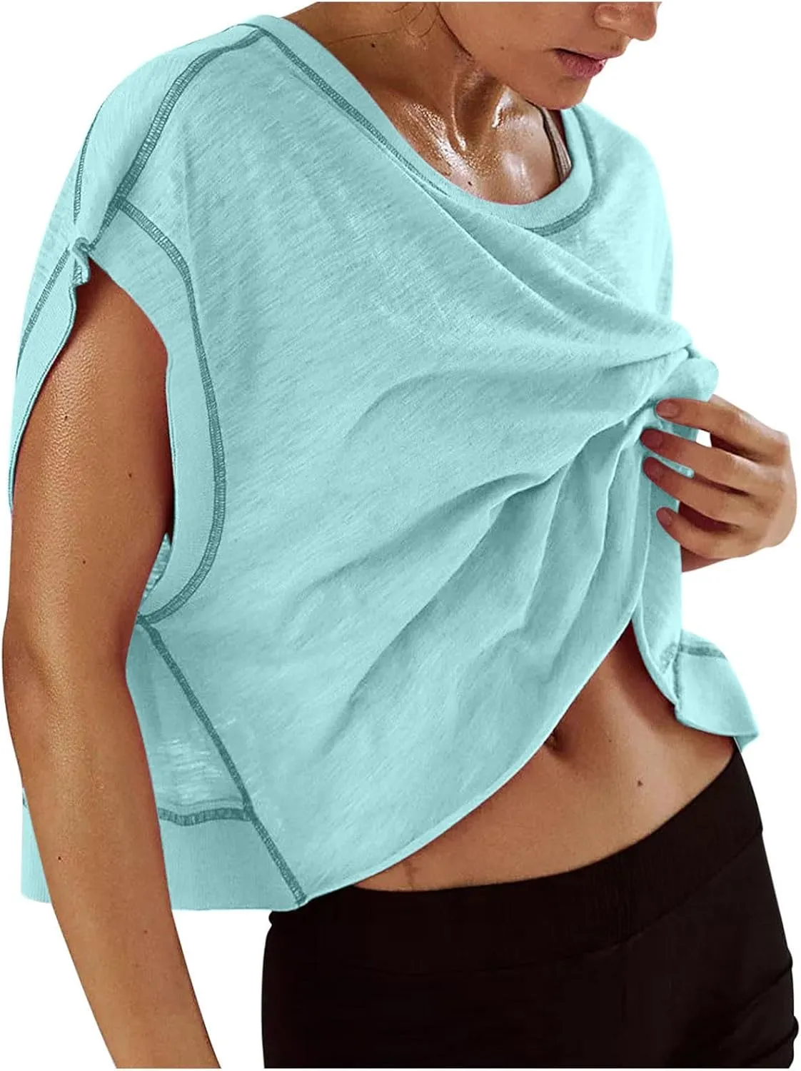 Open Back Workout Tops for Women Yoga Athletic Backless Shirts Oversized Trendy Short Sleeve T-Shirt Running Crop Tee