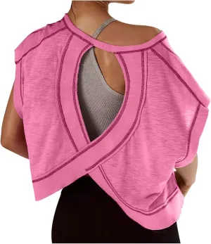 Open Back Workout Tops for Women Yoga Athletic Backless Shirts Oversized Trendy Short Sleeve T-Shirt Running Crop Tee