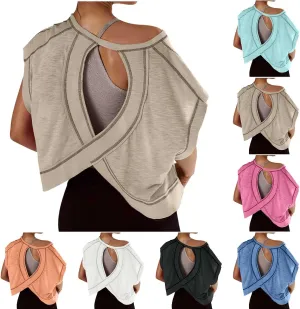 Open Back Workout Tops for Women Yoga Athletic Backless Shirts Oversized Trendy Short Sleeve T-Shirt Running Crop Tee