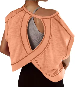 Open Back Workout Tops for Women Yoga Athletic Backless Shirts Oversized Trendy Short Sleeve T-Shirt Running Crop Tee