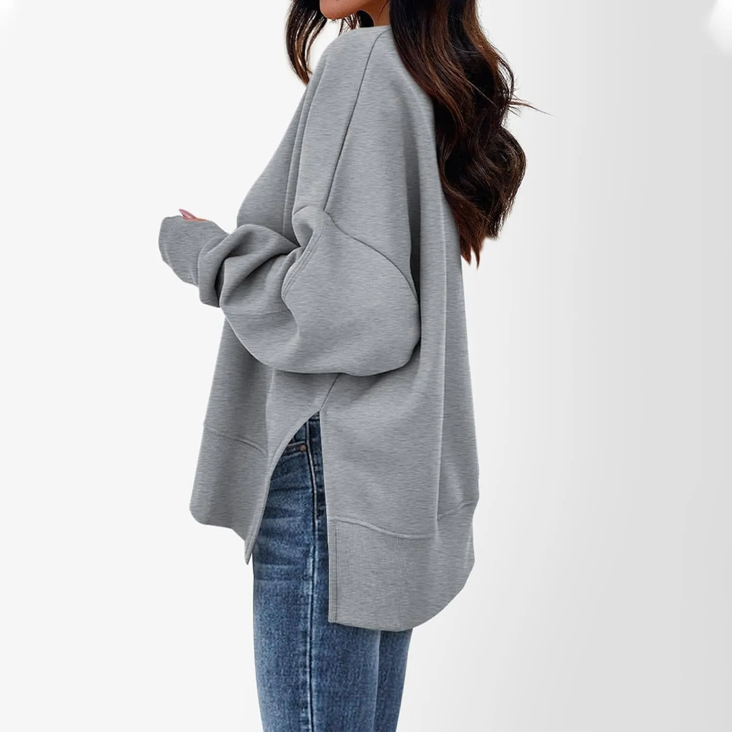Oversized Crewneck Sweatshirt for Women Drop Shoulder Side Slit Fleece Pullover Tops Casual Comfy Preppy Hoodies 2024